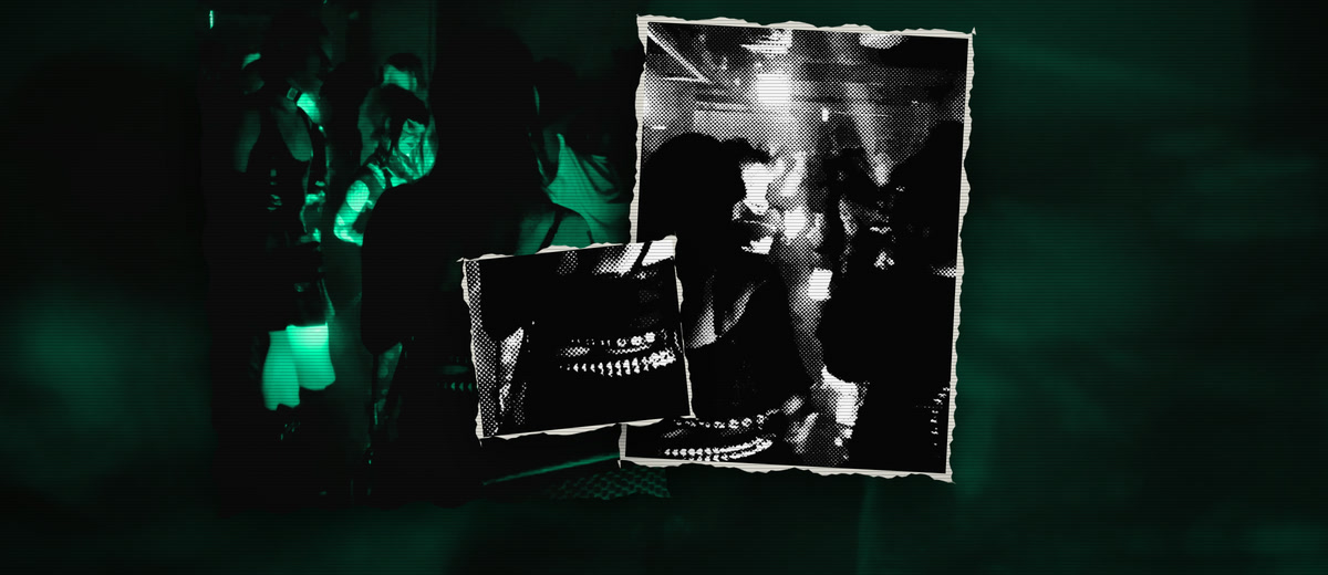 Collage of torn photocopies: dancers seen from behind in green light and a studded belt, from the dancefloor at House of Q