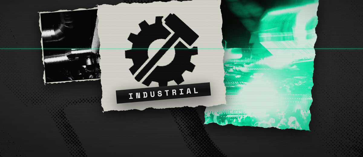 Collage of torn photocopies: a hammer and cogwheel with an INDUSTRIAL label, green light beams and ceiling ducts